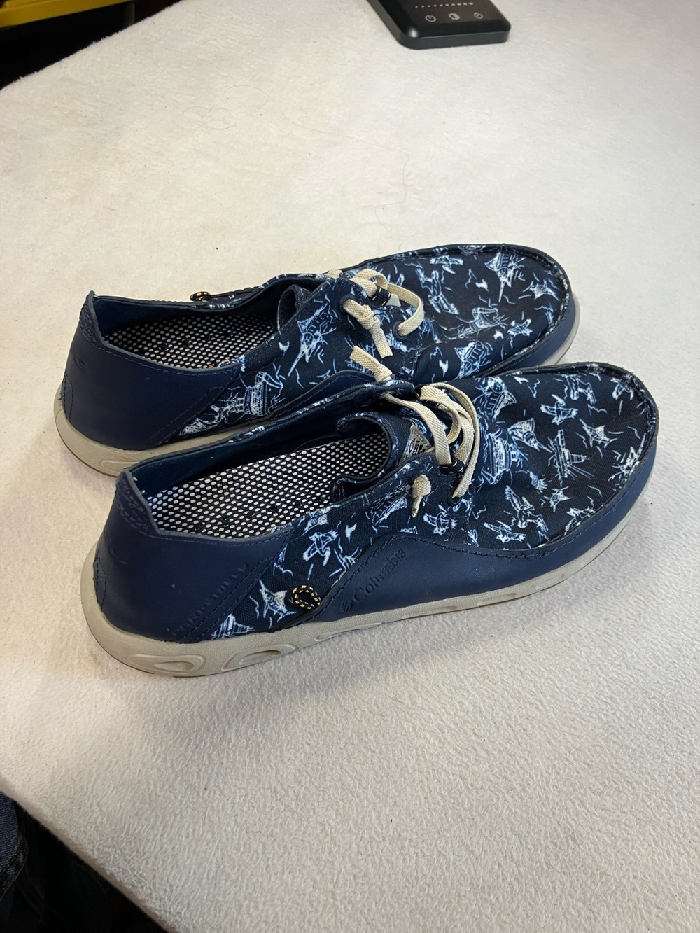 Columbia Navy Patterned Slip-On Boat Shoes with Cream Laces